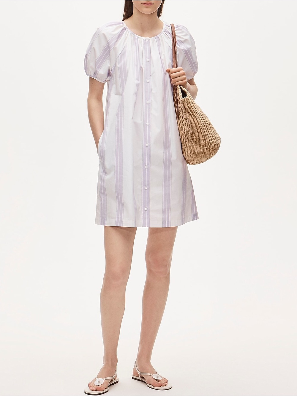 J. Crew Puff Sleeve Mini Shirt Dress Medium Striped White Warm Lilac Button Up